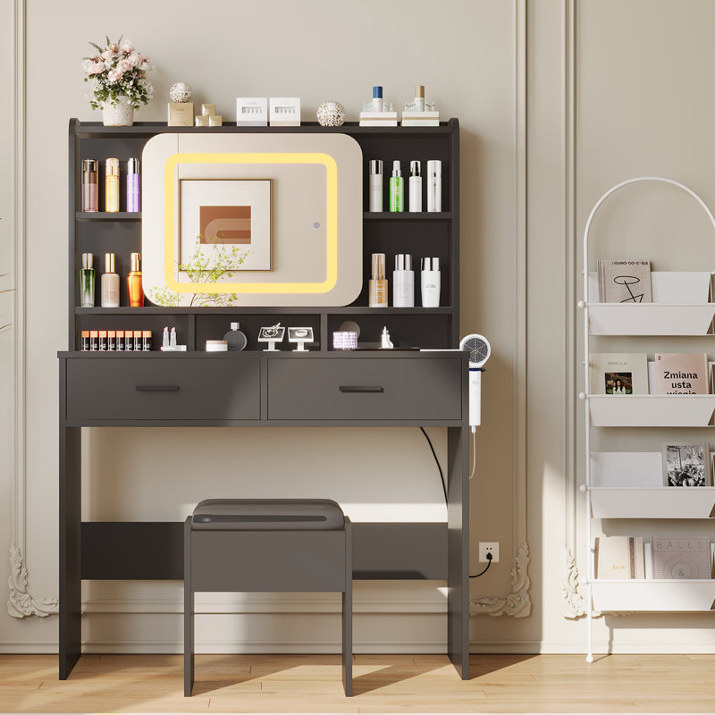 Modern Makeup Vanity with LED Mirror, USB Outlets, 2 Drawers & Stool, Black