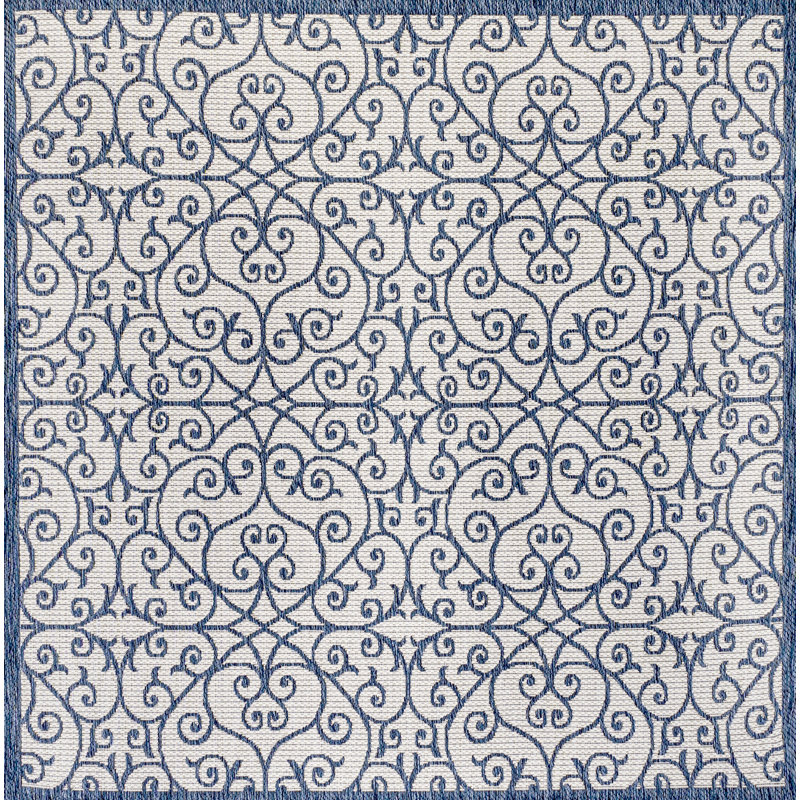 Deronte Vintage Filigree Textured Weave Blue/Cream Indoor/Outdoor Rug, Square 5'3"