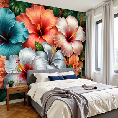 Papier peint adhésif pelez et collez Hibiscus tropical vibrant feuilles de corail bleu sarcelle fleurs murales H 100 po x l 144 po amovible papier mural en PVC auto-adhésif pour le salon de la chambre bureau à domicile