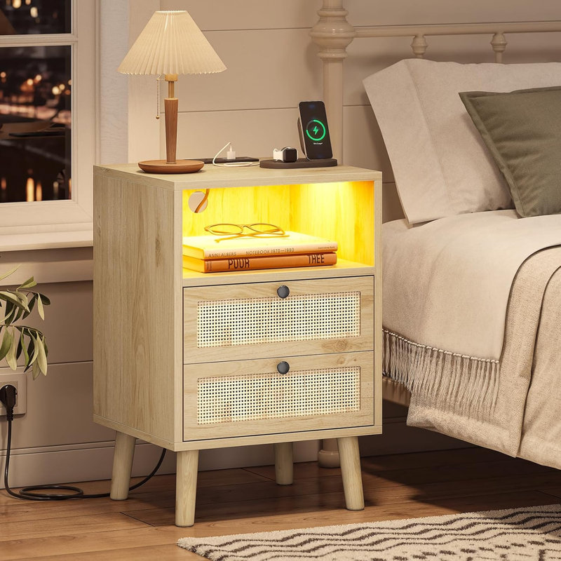 Rattan Bedside Table with LED Lights and Charging Station, 2 Drawers Bedside Table with Open Shelf, Wooden Bedside Cabinet with Storage for Living Room Bedroom