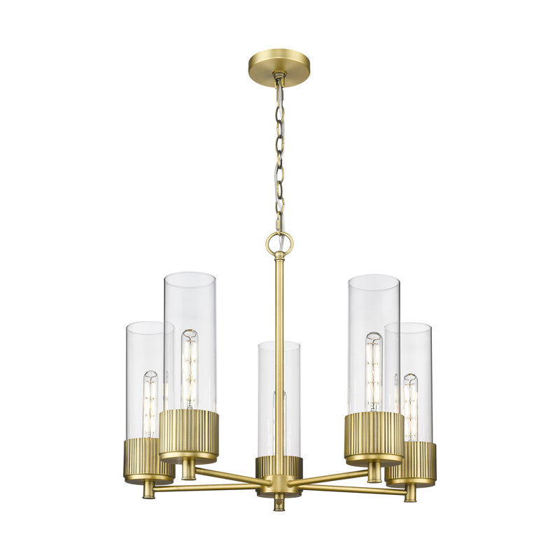 Lustre suspendu à 5 lumières 12 "Bolivar, Laiton brossé, Transparent