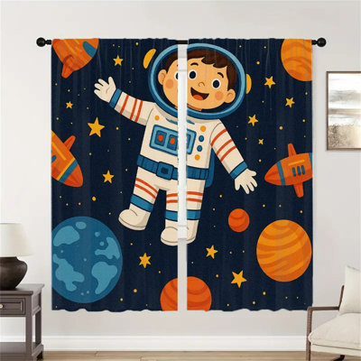 2Pcs Rideaux astronautes spatiaux, galaxie de dessin animé, planètes, fusée, motif d'étoiles, décor de fenêtre, rideaux pour le salon, cuisine, poche à tringle
