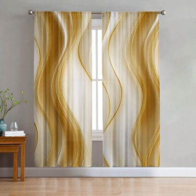 2Pcs Abstract Wave Curtains, Elegant Goldenen Swirl Modern Light Filtering For Living RoomBedroom Kitchen Rod Pocket Window Drapes, Home Decor