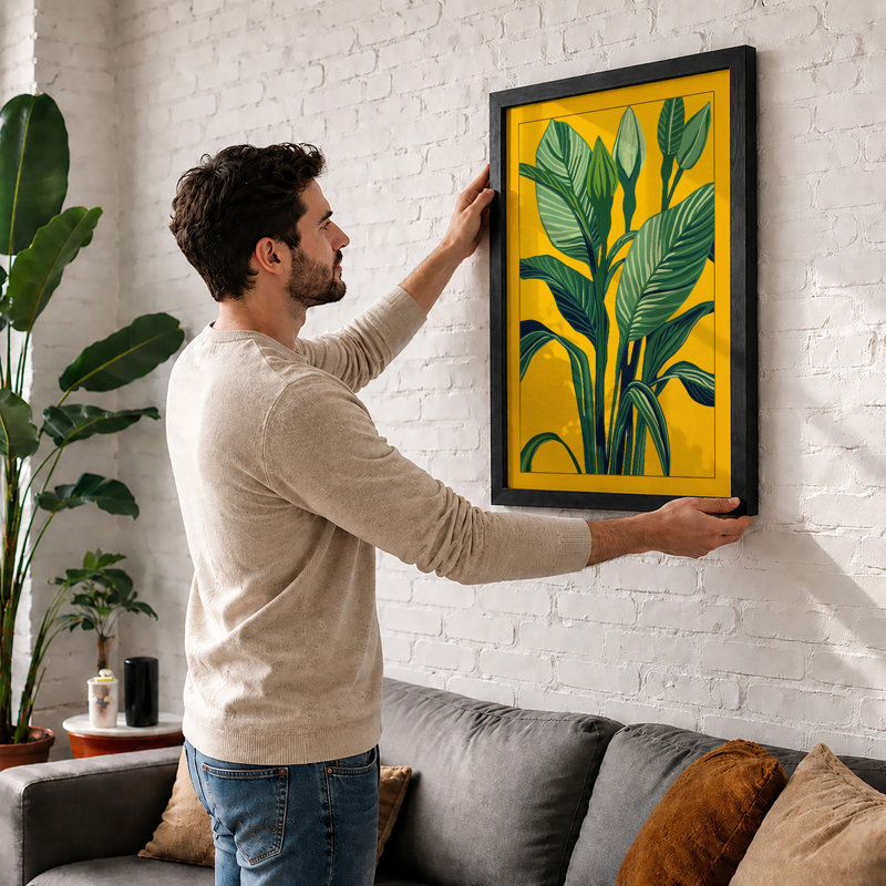 Potted Plant in Yellow Botanical - Framed Print, A2 - 59.4 x 42.0 cm, Walnut