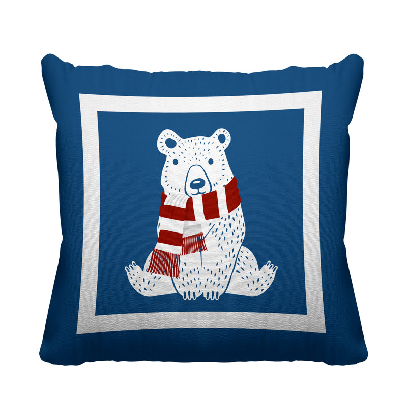 Coussin intérieur / extérieur Folk Christmas Bear, L 15 po x H 15 po, Bleu céruléen