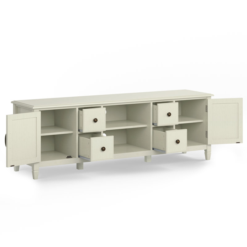 Connaught 72"W Solid Wood Traditional TV Stand for TVs up to 80" with 2 Cabinets, 4 Drawers, and Open Shelves, Antique White