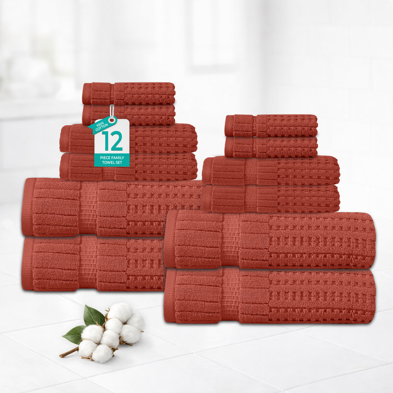 Willow 12 Pieces Towel Set – 100% Combed Cotton, Premium Quality 630 GSM, Coral, Ultra-Soft & Highly Absorbent (4 Bath, 4 Hand, 4 Wash Towels set)