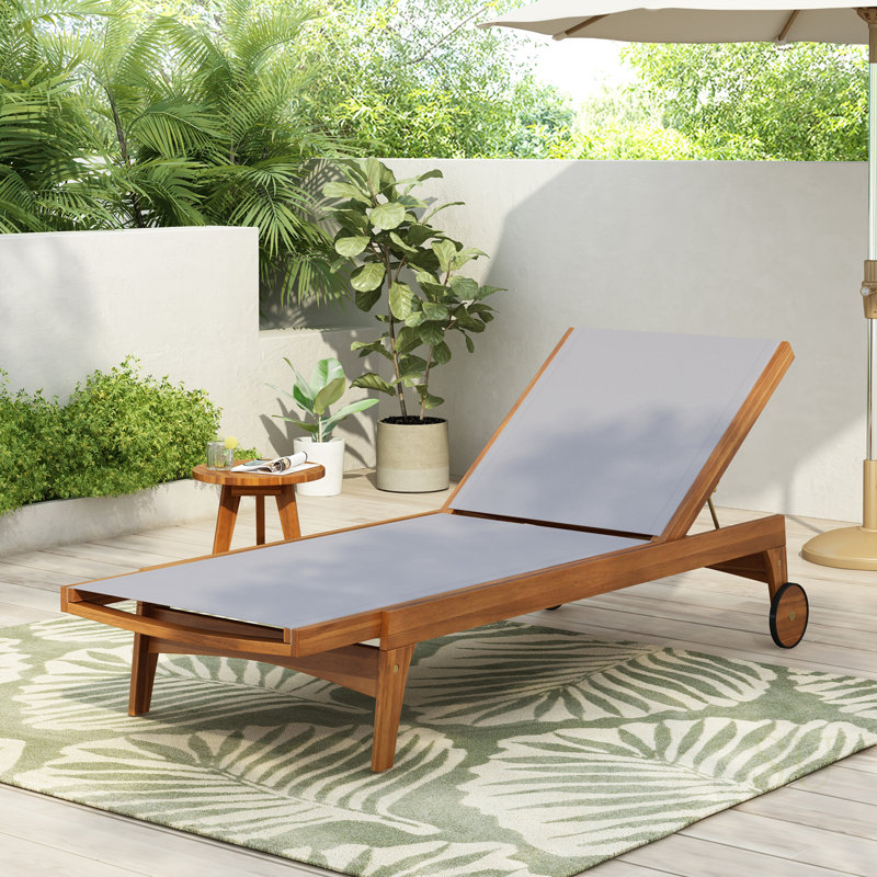 Outdoor Chaise Lounge With Mesh Seating And Durable Acacia Wood Frame For Patio And Backyard Relaxation, Gray