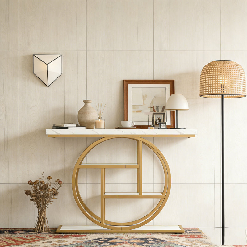41.3 Inch Industrial 4-Tier Console Table with Circle Base - Narrow Entryway Sofa Table,  Metal Accent, White