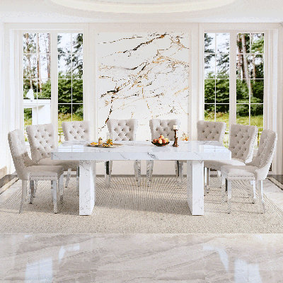 79" Large Marble Patterned Dining Table Set For 8, Modern Rectangular Kitchen & Dining Room Set With Velvet Upholstered Chairs & Metal Legs, Luxury Dining Table And Chairs Set