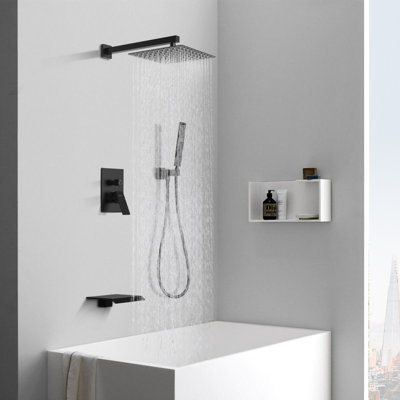 Male NPT Shower Faucet Set, Waterfall Shower System For Bathroom, High Pressure 10" Rain Shower Head And Handheld Shower Spray, Wall Mount Tub Faucet Shower Valve With Trim And Diverter, Matte Black