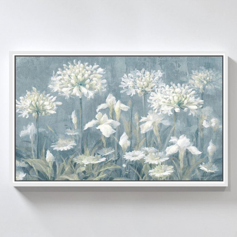 "Spring Blossoms II Slate Blue" par Danhui Nai, reproduction sur toile dans un cadre flottant, H 21,5 po x l 33,5 po, Blanc