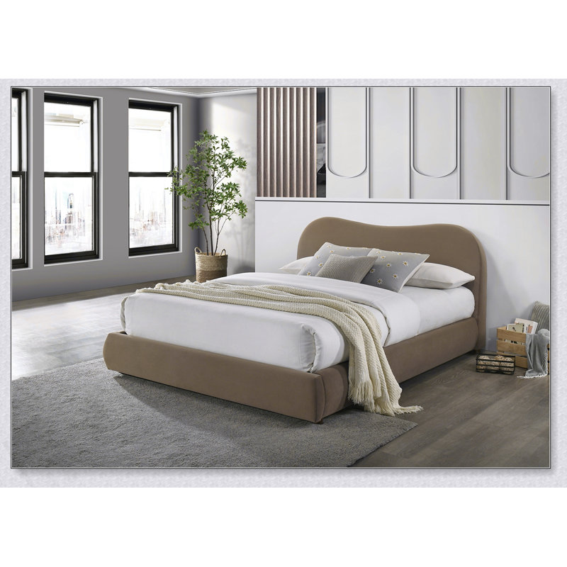Structure de lit de chambre à coucher blanche avec tête de lit courbée et capitonnée Boucle, Très grand lit, Brun