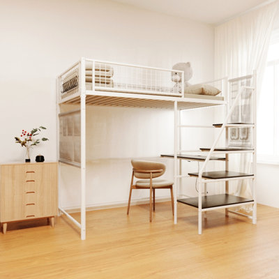 Lit mezzanine simple en métal avec lit blanc - utilisation dans la chambre à coucher, charge intégrée, lumières DEL, blanc fort et dormant
