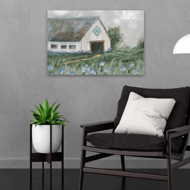 Blue Acres Barn - Modern Farmhouse Barn In Field Cloudy Sky Blue Flowers Art, H 16 po x l 24 po
