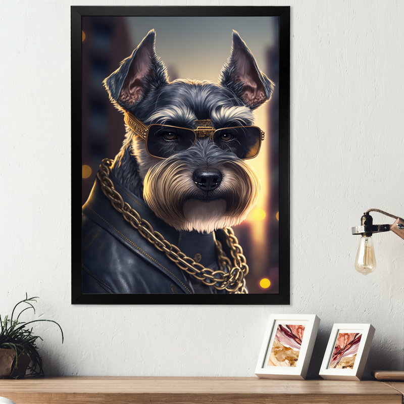 Schnauzer Gangster in NYC III - Impression sur toile, H 32 po x l 24 po x P 1 po, Impression noire sur toile encadrée