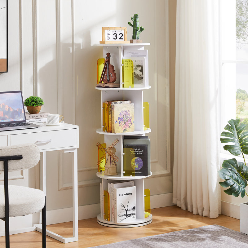 Jadeyn Rotating Bookshelf 4 Tier 360° Revolving Floor Standing Bookcase Corner Organizer Display, White