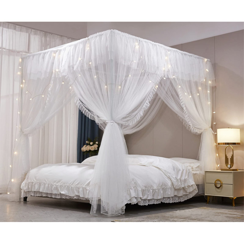 4 moustiquaires à volants avec lit à baldaquin et double couche avec moustiquaire pour 4 adultes et décoration de chambre à coucher
