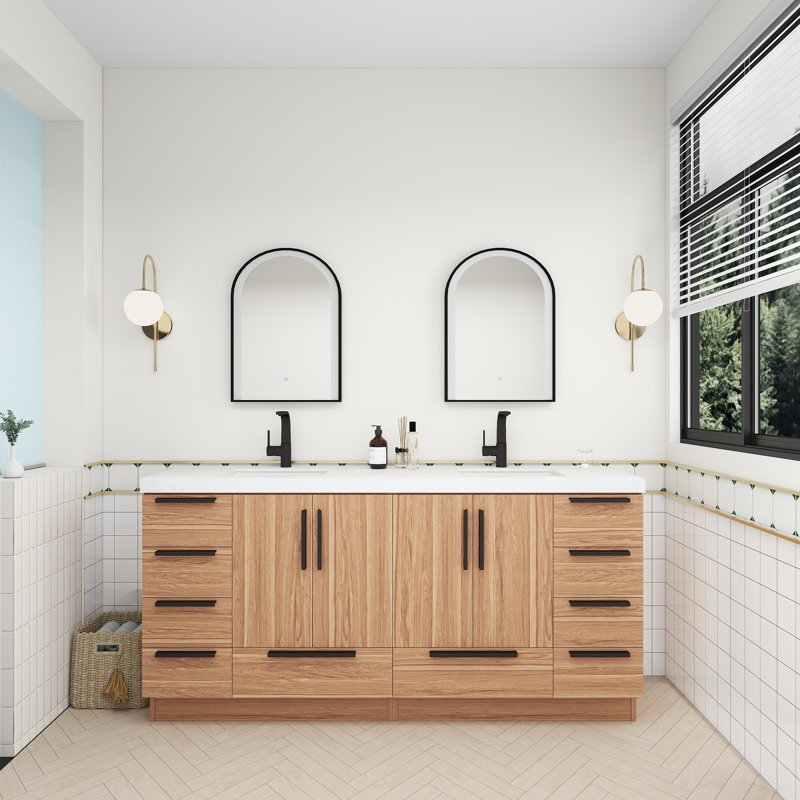 Carla Freestanding Bathroom Vanity with Double Sink, White Oak, 71"