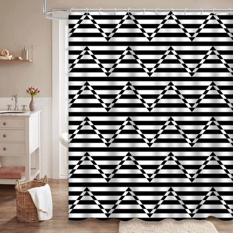 Rideau de douche à motif géométrique noir avec 12 crochets, L 72 po x l 78 po