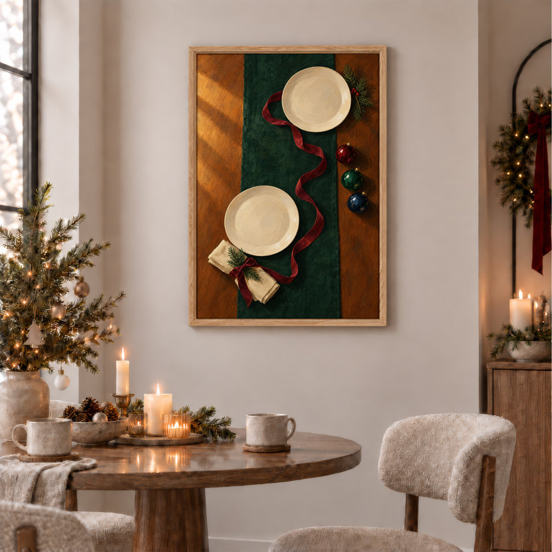 Art de la table avec des plaques blanches et un ruban rouge, H 48 po x l 36 po