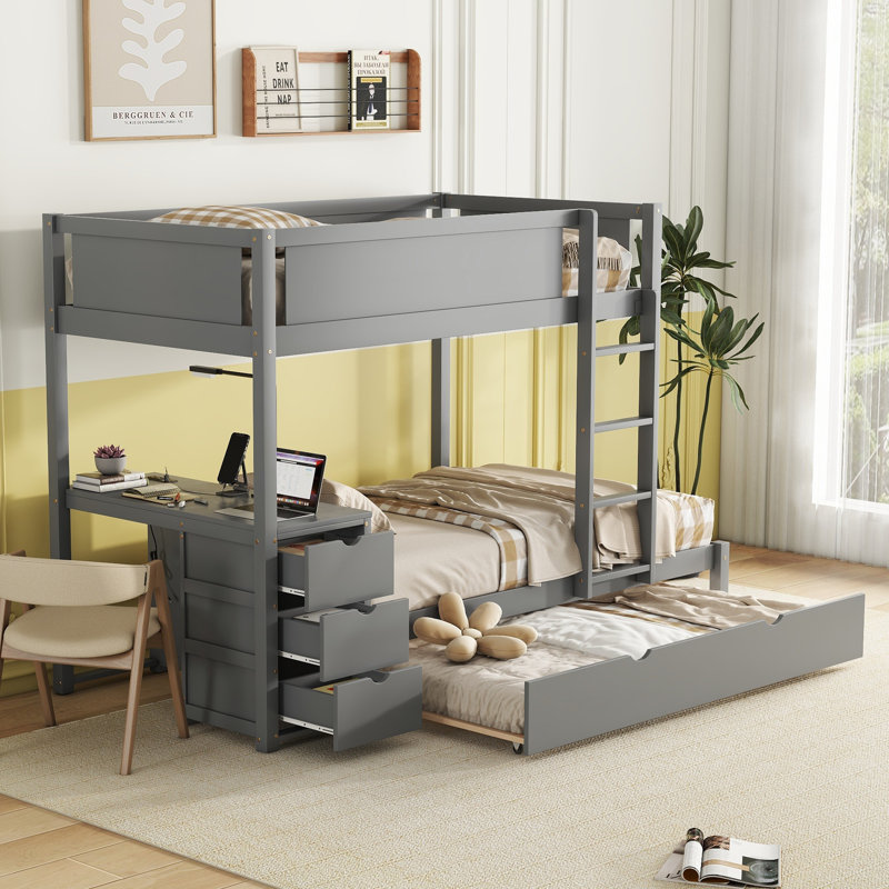 Lit superposé triple avec bureau de chargement intégré et lit gigogne, Gris