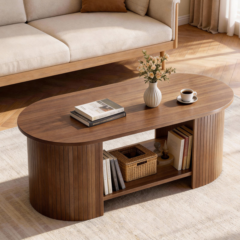 42.51" Oval Coffee Table With Storage, Mid-Century Modern 2-Tier Center Table For Living Room, 18.03" H x 42.51" W x 20" D