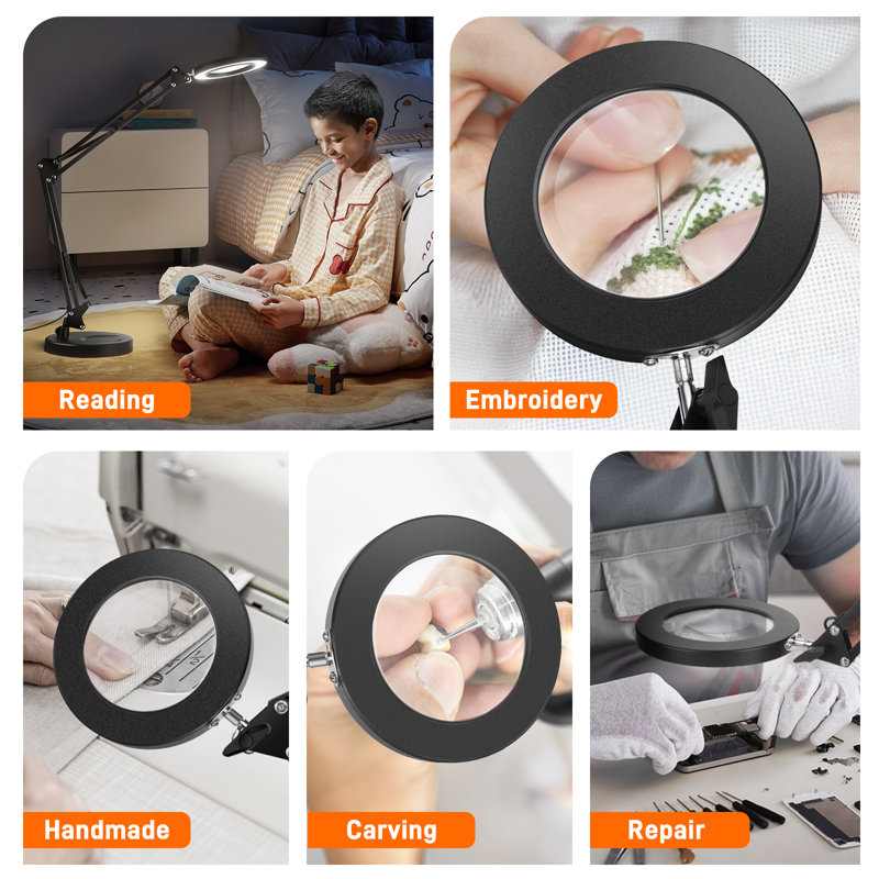 Desk Lamp with Round Stand & Clamp, Magnifier LED Lamp, Adjustable Height Table Light
