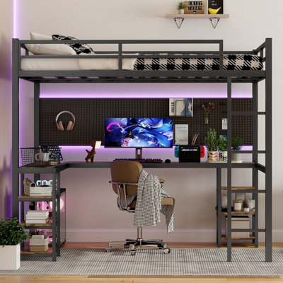 Full XL Metal Loft Bed with Desk & Shelves, Loft Bed with Ladder & Guardrails, Space-Saving Loft Bed Frame for Bedroom, Black by Ivy Bronx