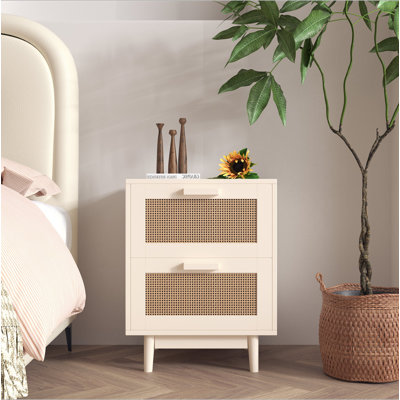 Table de chevet en rotin, table de bout en bois, table d'appoint avec 2 faux tiroirs en rotin, table de chevet, table d'appoint en bois avec rangement pour le salon, la chambre à coucher