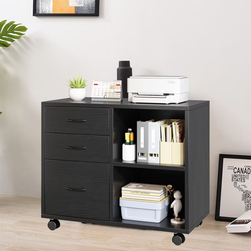 31.18''Wide 3-Drawer Rolling File Cabinet With Shelves, Black