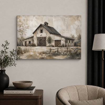 Vintage White Barn Countryside Artwork, Rustic Living Room Pictures, Framed Canvas Giclee Print Wall Art