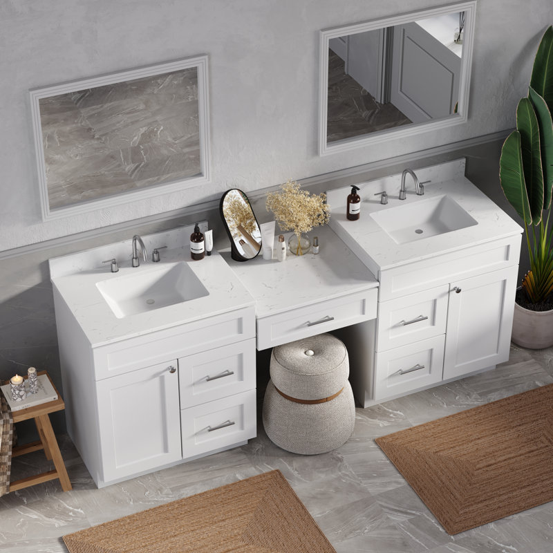  84'' Double Bathroom Vanity With Desk Dovetail Solid Wood Drawer With Carrara Quartz Top, White