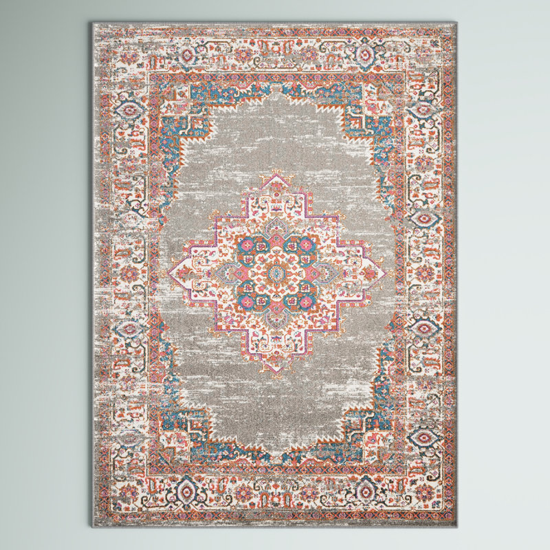 Tapis oriental gris et rose Abbate, Rectangle 5 pi 3 po x 7 pi 3 po