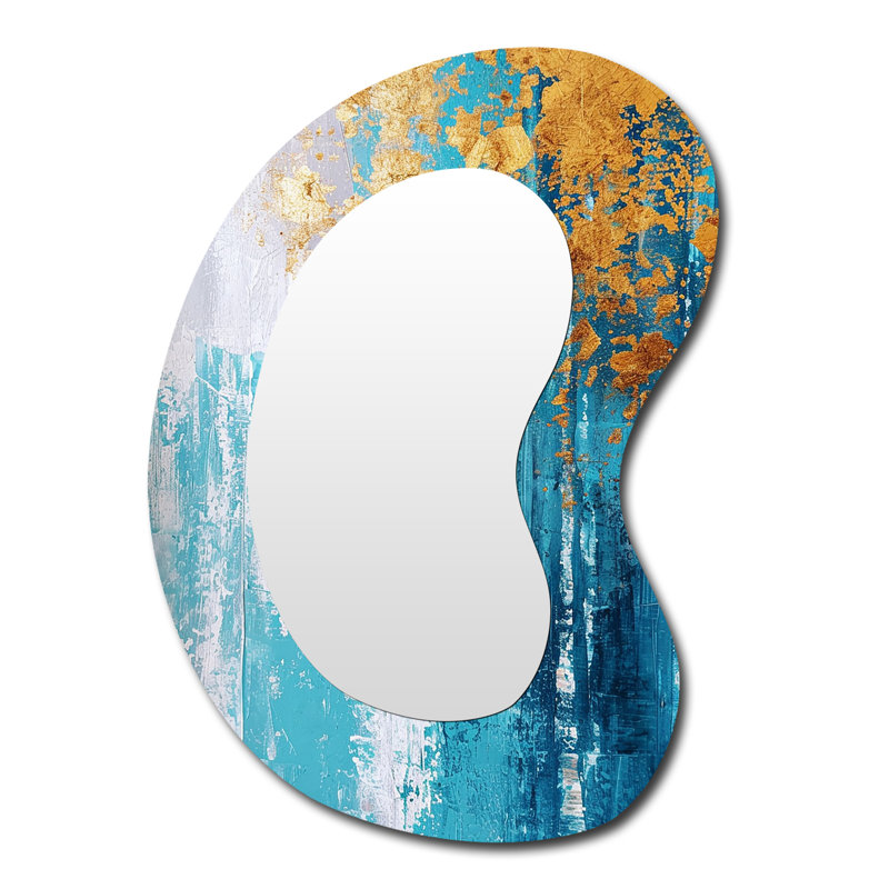 Bouleau doré sur fond bleu sarcelle rétro - Art abstrait en métal - Miroir mural moderne et irrégulier, 39 po x 28 po