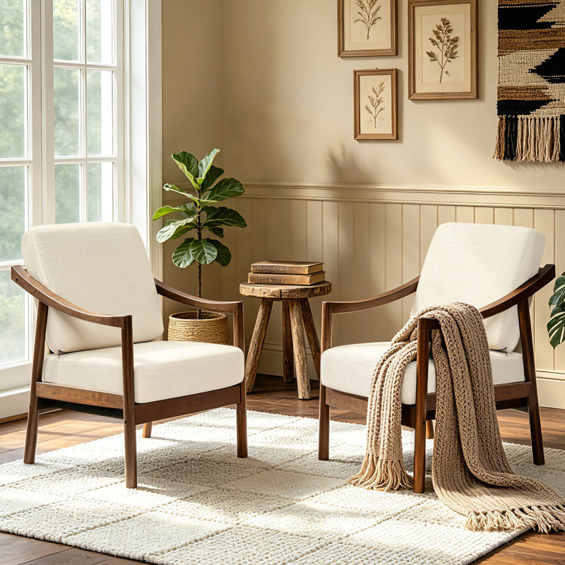 Fauteuil d'appoint rembourré avec structure en bois massif, Beige
