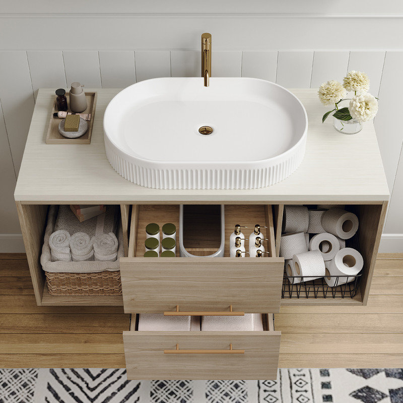 Modern 40 " Wall-Mounted Bathroom Vanity with Oval Ceramic Sink Floating Vanity Multi-Layer Solid Wood Cabinet, Wood