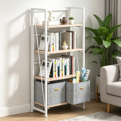 Folding Bookcase, 4 Tiers Vintage Storage Shelves Standing Bookshelf For Home Office, No Assembly