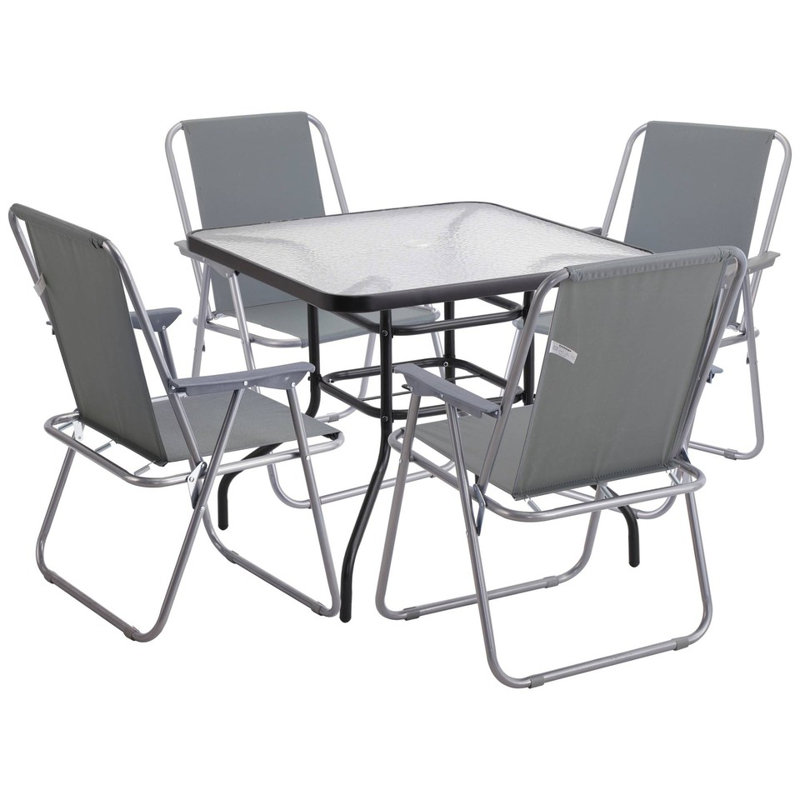 Garden Furniture Set of 4 - Metal Folding Black Chairs and Square Glass Table with Parasol Hole, Gray