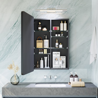 Armoire à pharmacie à miroir encastrable ou à fixation en surface 20 po x 26 po avec tablettes réglables, aluminium antirouille