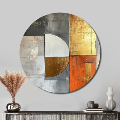 Geometric Gold Orange And Grey Pure Form II - Abstract Geometric Round Metal Wall Art