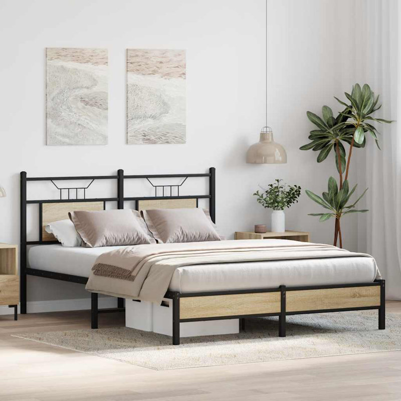Bed Frame Without Mattress Foldable Steel, 147 x 196cm, Sonoma Oak