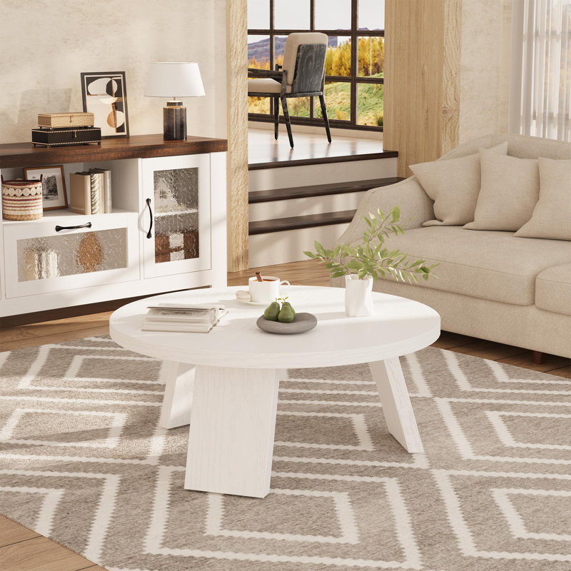 Moderner runder Couchtisch im Landhausstil aus Holz – Stabile Konstruktion mit 3 Beinen – Einfache Montage – 85 x 40 cm – Schwarze Prägung