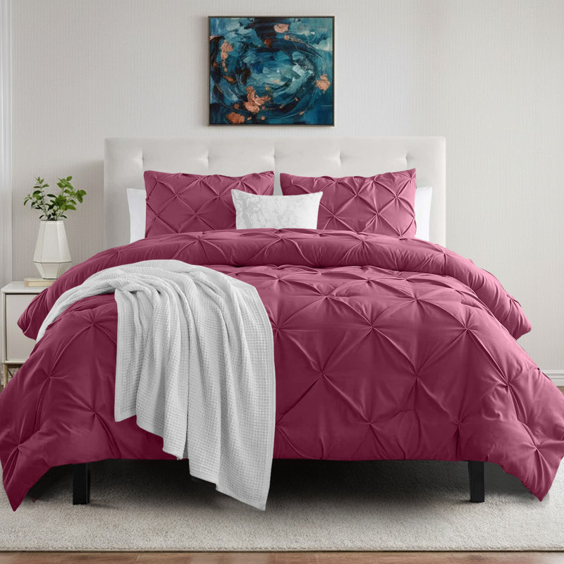 Luxury Brushed Microfiber Pintuck Duvet Cover Set - Soft, Wrinkle-Resistant, All-Season Bedding, Burgundy