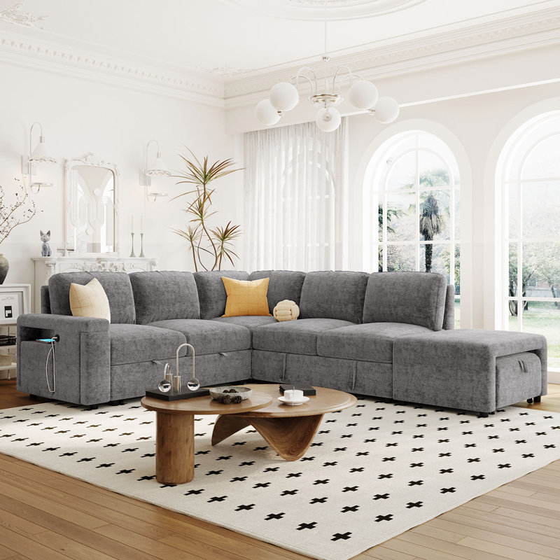 Canapé-lit escamotable en L avec rangement, Polyester gris