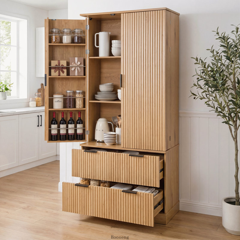 Armoire de cuisine 72 pouces à cannelures modernes avec 2 grands tiroirs et support à épices 8 portes, chêne, Oak
