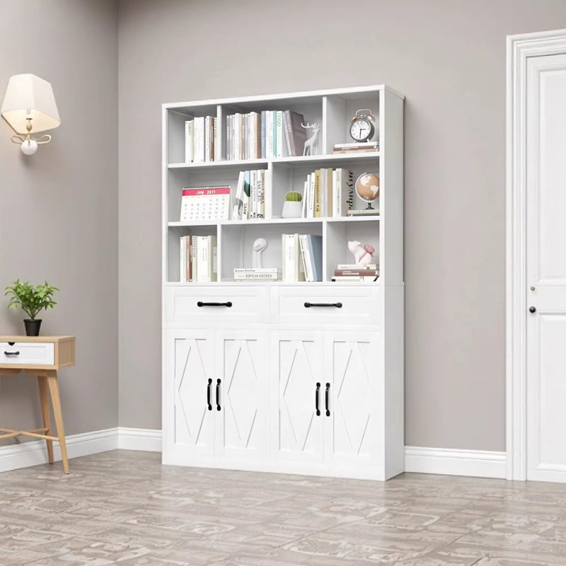 Bibliothèque industrielle de 71 pouces de hauteur avec portes, tiroirs et tablettes réglables - Armoire de rangement blanche pour le bureau à domicile