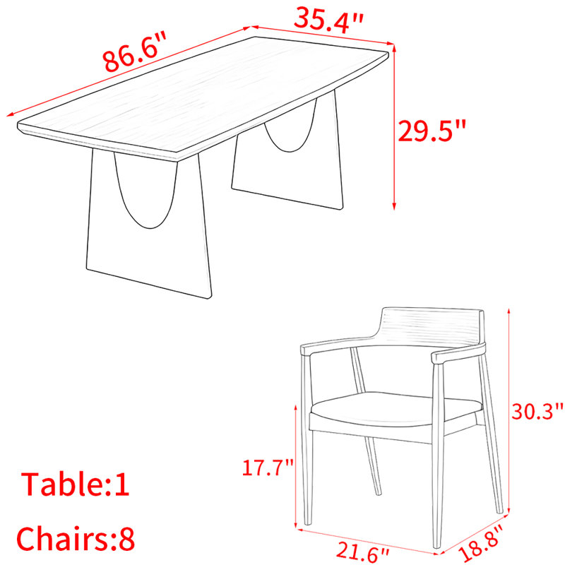 Japanese style solid wood dining table set, 29.5"H x 86.6"L x 35.4"W