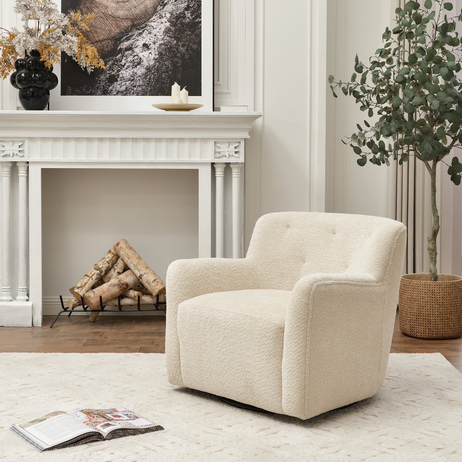 Fae Pine Swivel Armchair, Natural Textured Chenille