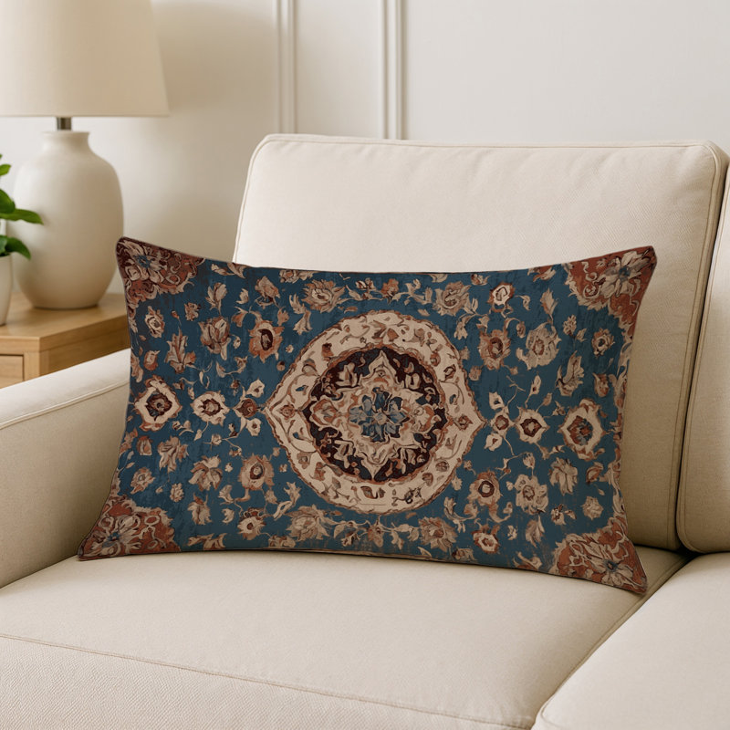 Coussin décoratif intérieur et extérieur Modern, Bleu marine / brun clair / beige damassé, Rectangle H 25 po x l 18 po